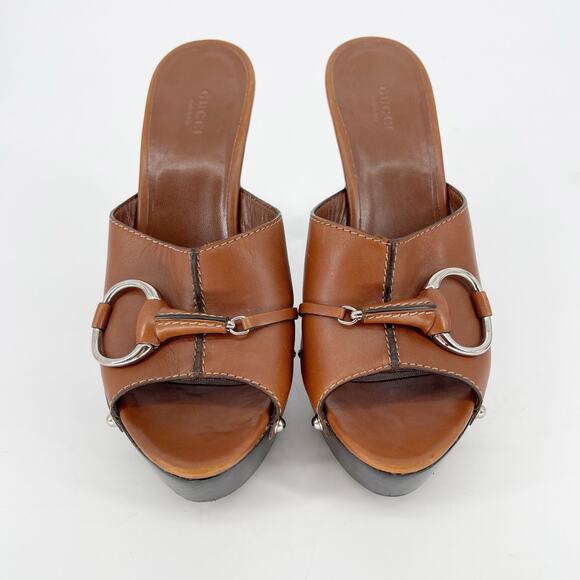 Gucci Cognac Brown Leather Icon Bit Platform Clog High Heel Slide Sandal EU 39.5 - Picture 6 of 12
